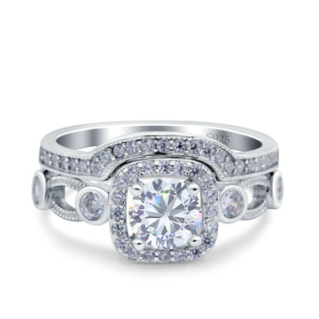 Two Piece Art Deco Wedding Ring Band Round Simulated Cubic Zirconia 925 Sterling Silver